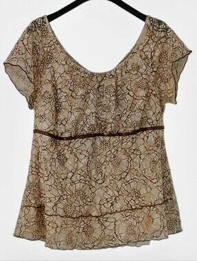 Venezia Size 14/16 Top Brown Beige Floral Lace Raglan Cap Sleeves Ruffles